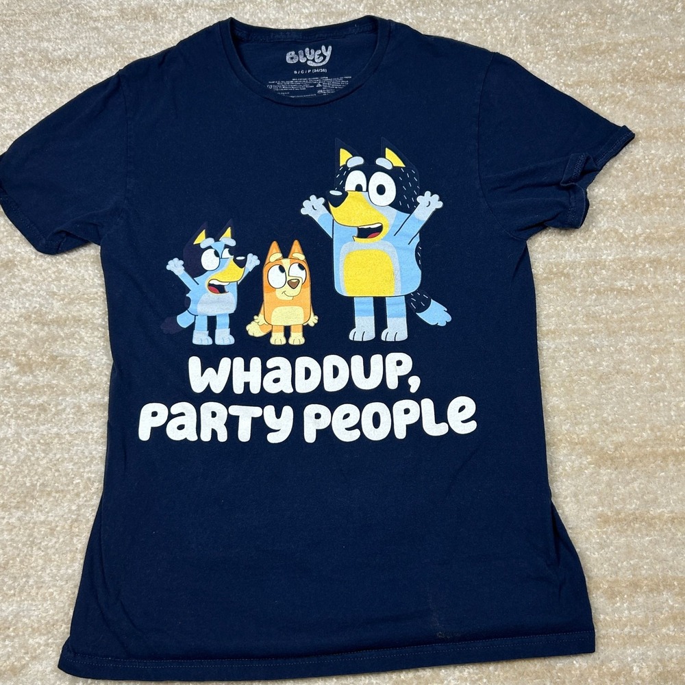 Bluey Shirt Boys S Navy Whaddup Party People Cartoon Characters Graphic Tee